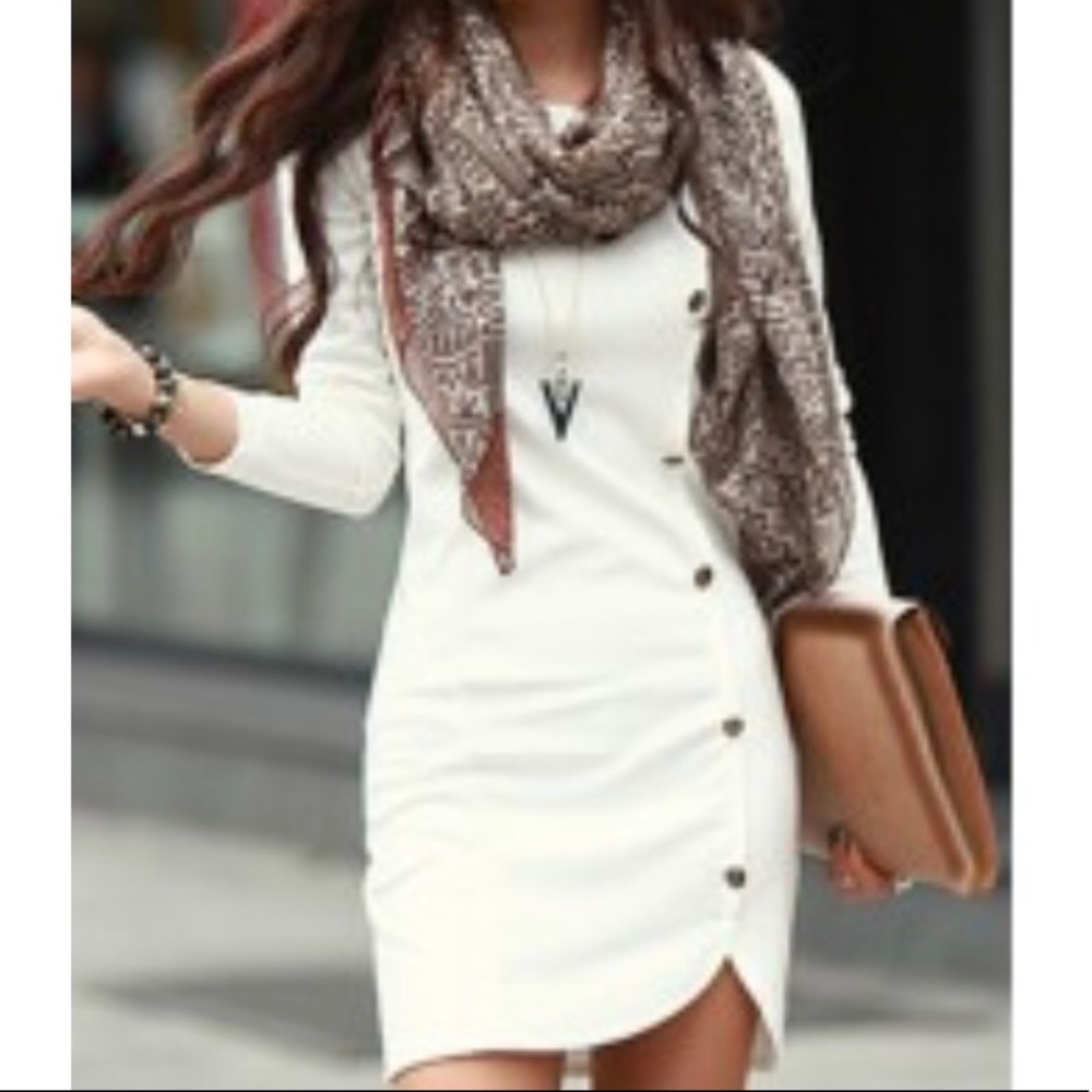 Button Decorated White Asymmetric Sheath Dress